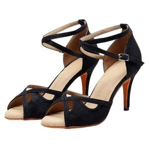 Women’s Goettin Latin Salsa Dance Shoes Suede 3.3” Heel, Arch Strap, Size 9.5